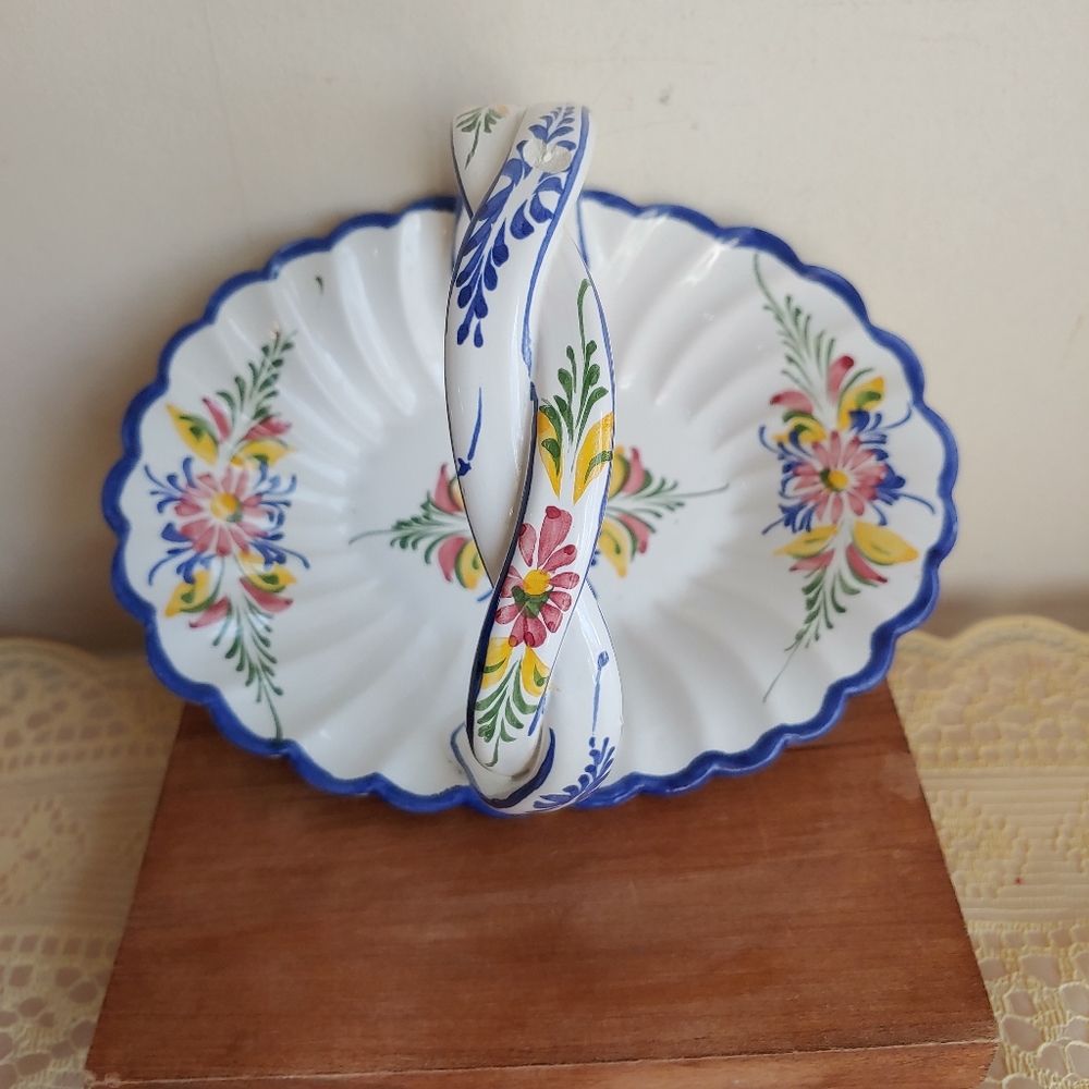 Vintage Handpainted Pottery Basket Flowers Signed Bowl Dish Porcelain